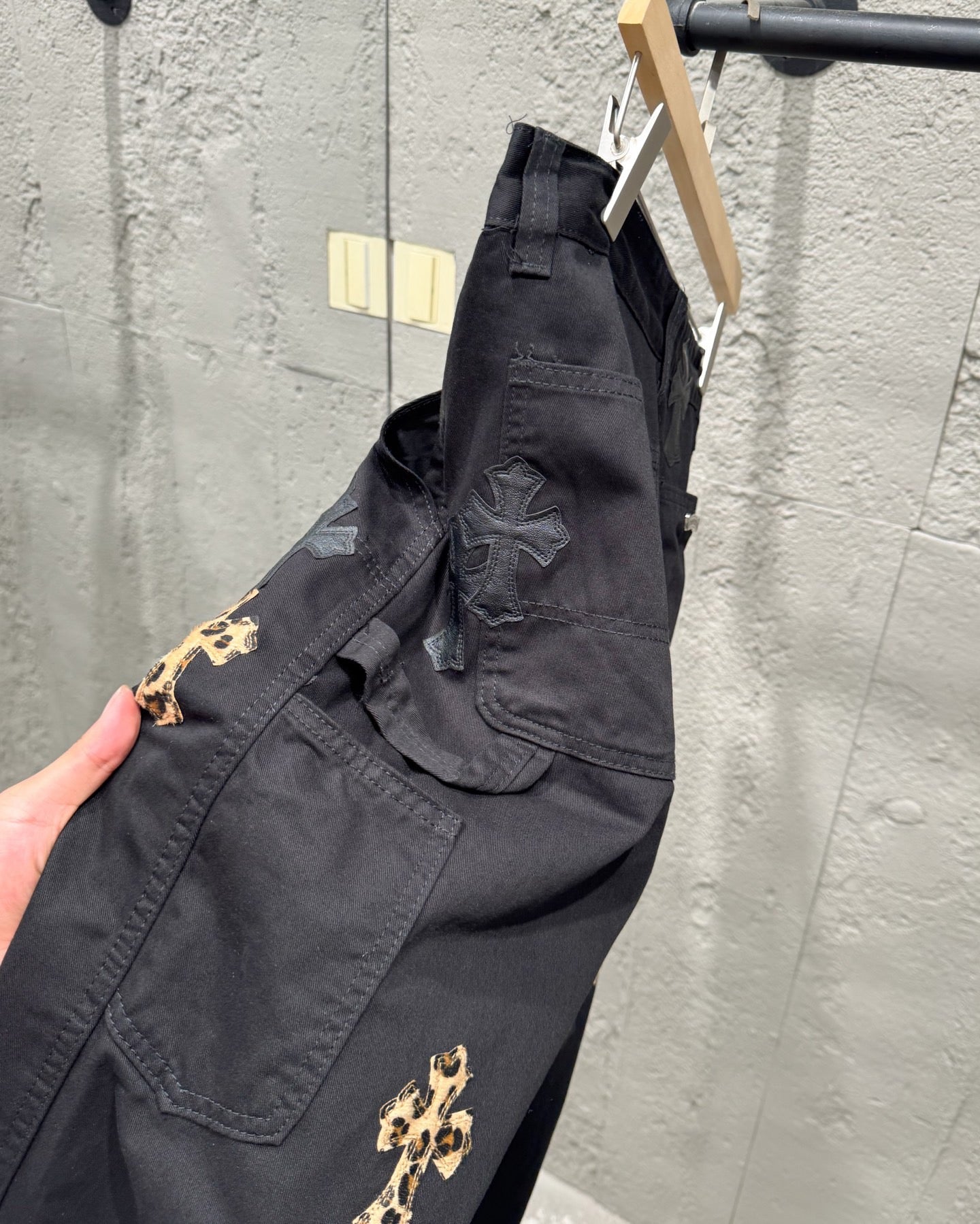 Chrome Hearts Leopard Print Patchwork Black Leather Denim Jeans