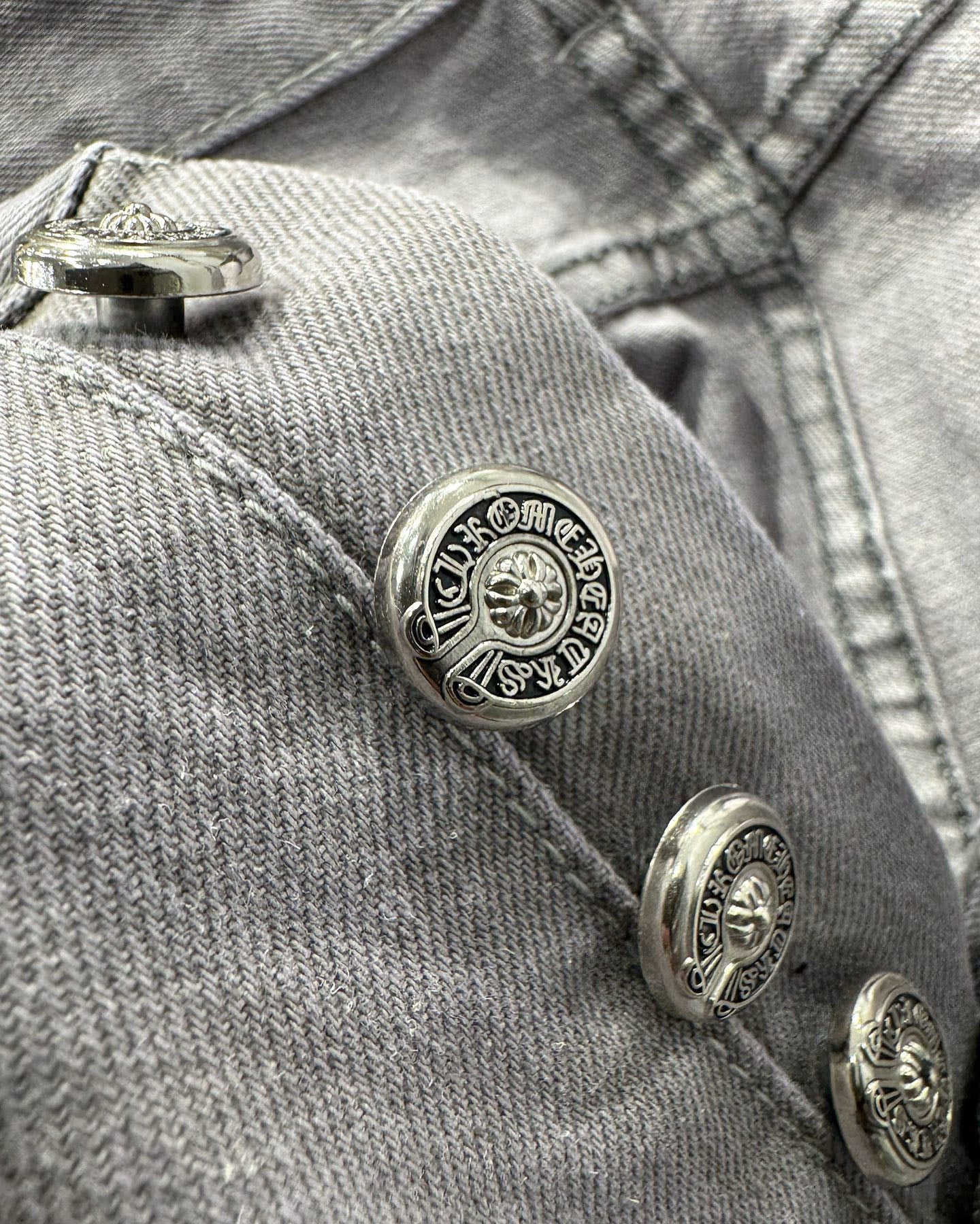 Chrome Hearts Paris Limited Edition Grey Heavy Leather Patch Denim Jeans