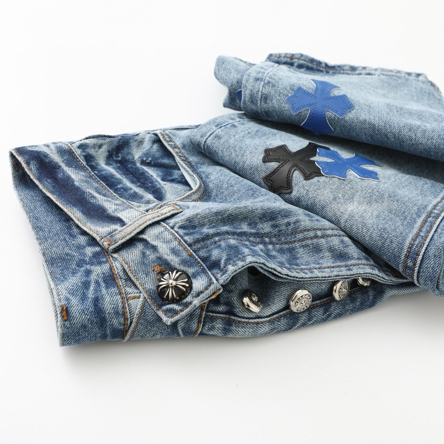 Chrome Hearts Black White Blue Multi Leather Patch Denim Jeans