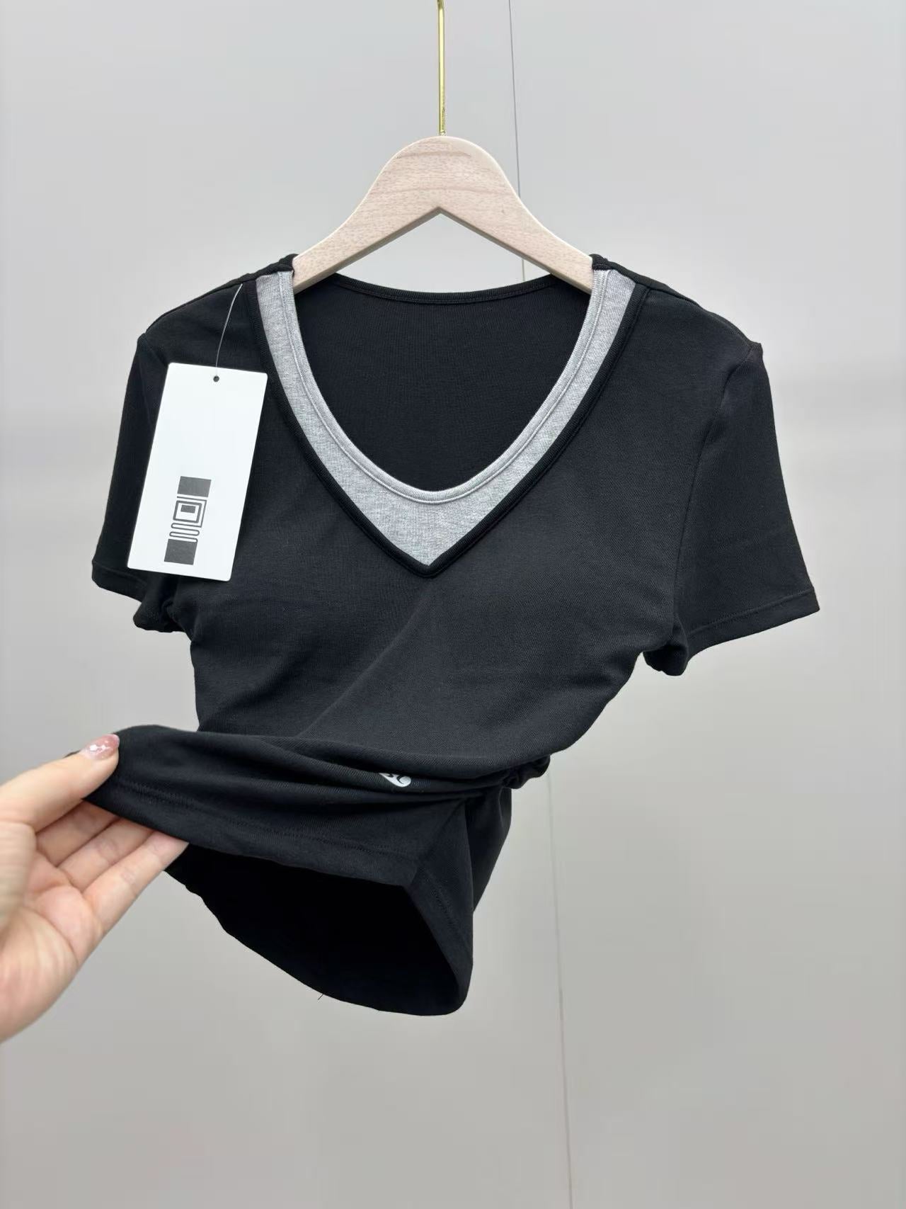 2-pack 2026New V-Neck Faux Two-Piece Waist-Cinching No-Bra Short Sleeve Top