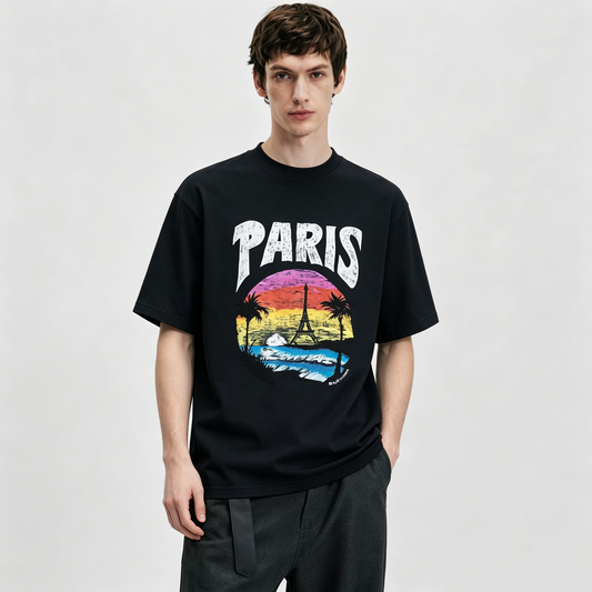 New Crew Neck Pure Cotton T Shirt with Architectural Letter Graphic Print
