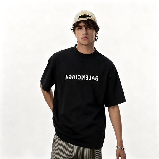 Black Mirror Letter Graphic T-Shirt, Crew Neck Short Sleeve Casual Tee