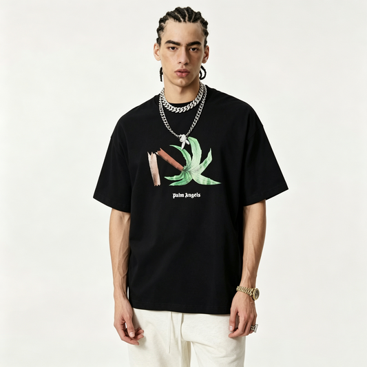 New Casual Pure Cotton T Shirt with Botanical Logo Print on Chest