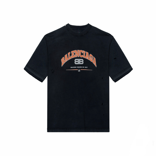 New Black Vintage Washed Logo Graphic T-Shirt, Distressed Crack Print Ripped Crew Neck Short Sleeve Tee