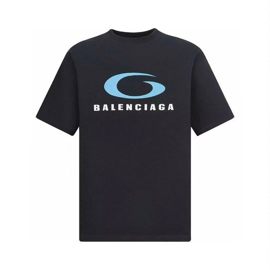 New Unisex Black T-Shirt with Blue Letter Logo Graphic, Crew Neck Short Sleeve Regular Fit Tee