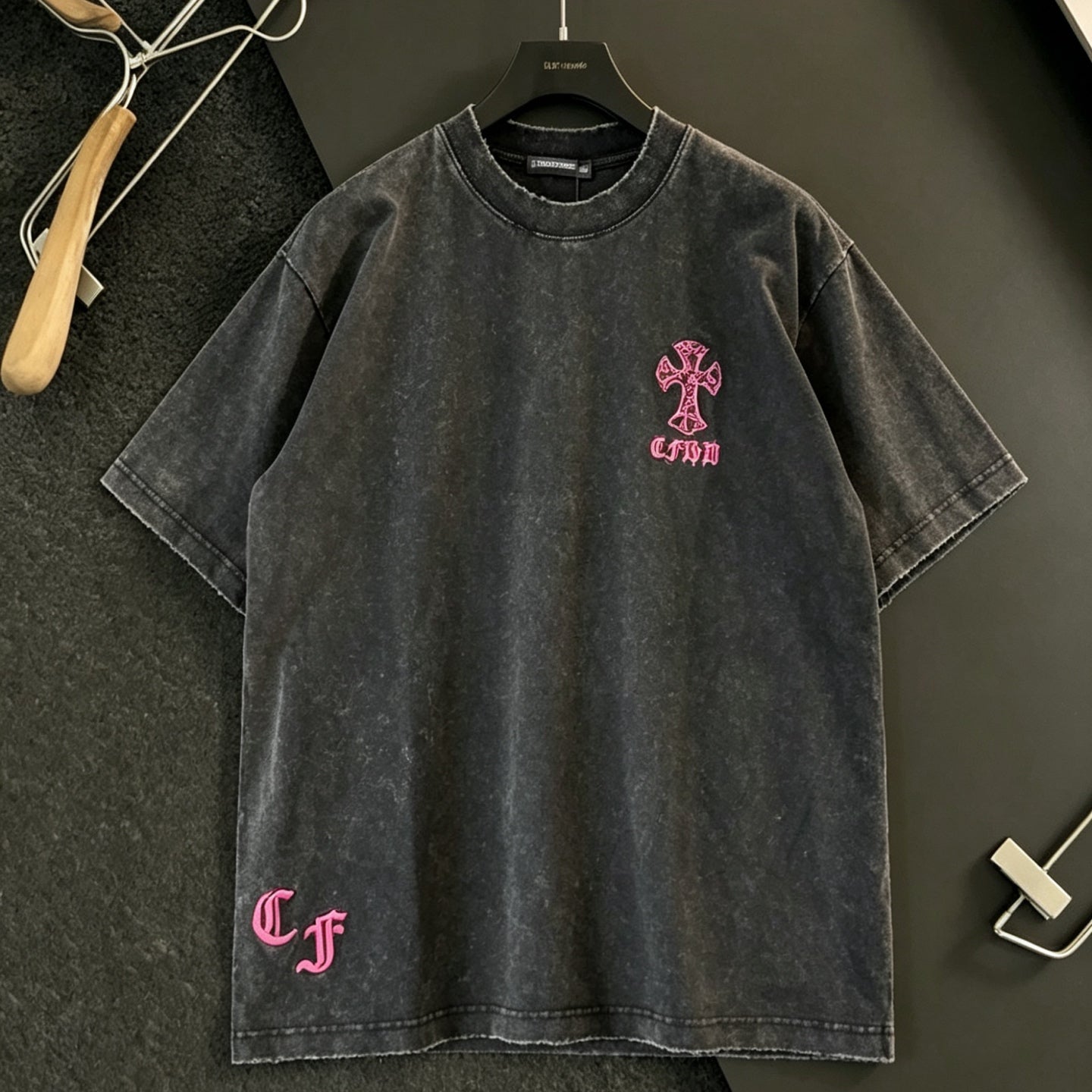 Chrome Hearts New Horseshoe Embroidered Washed Short Sleeve T-Shirt