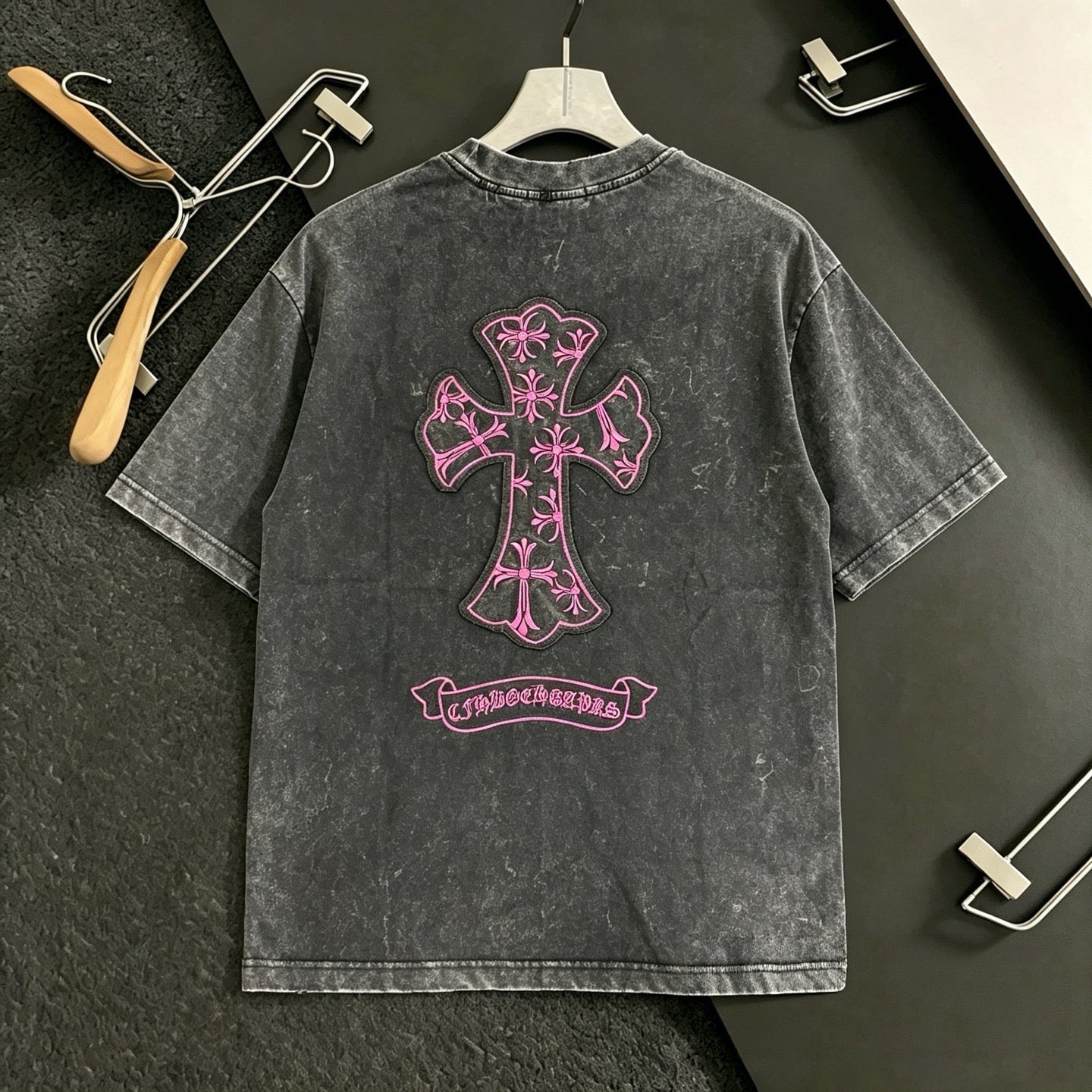 Chrome Hearts New Horseshoe Embroidered Washed Short Sleeve T-Shirt