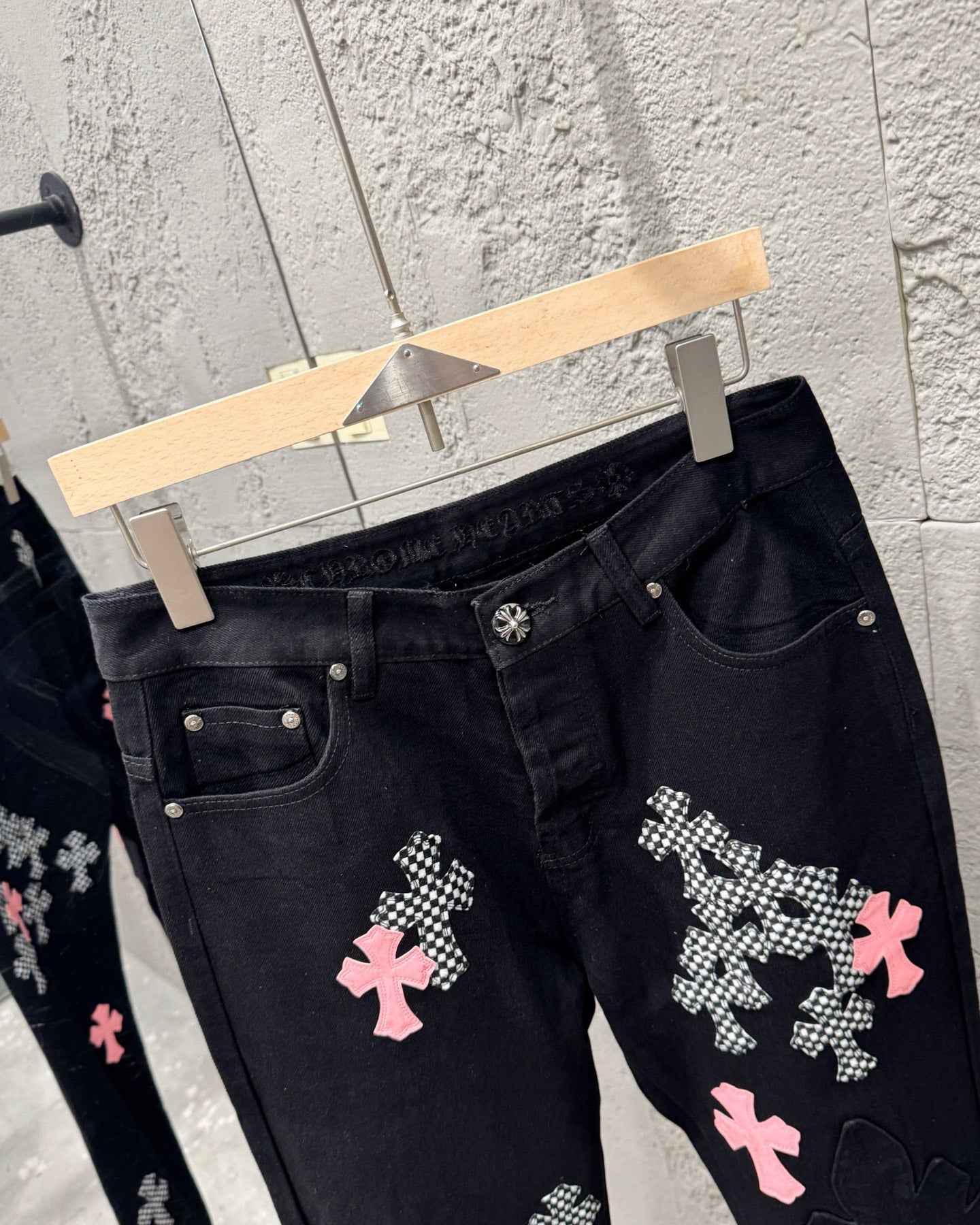 Chrome Hearts Limited Flame Pink Cross Patchwork Denim Jeans