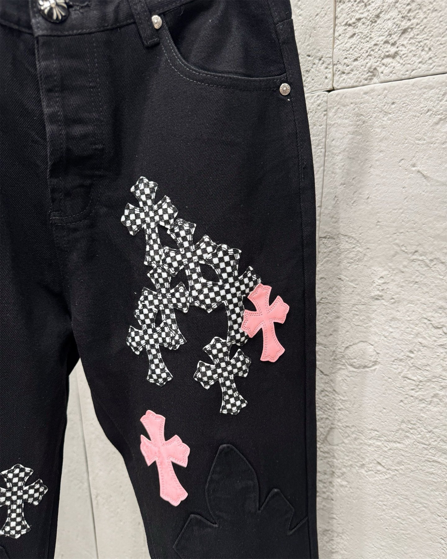Chrome Hearts Limited Flame Pink Cross Patchwork Denim Jeans