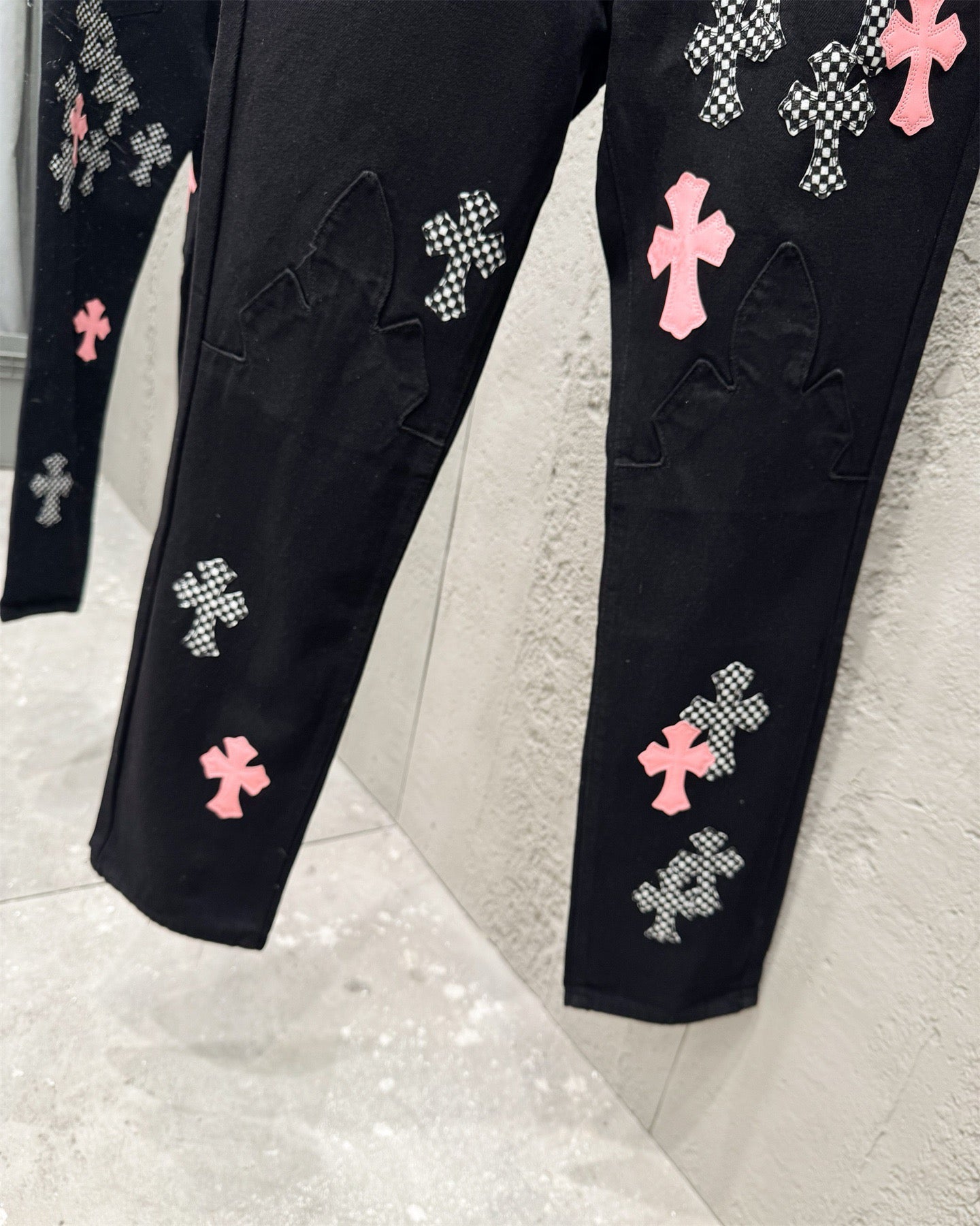 Chrome Hearts Limited Flame Pink Cross Patchwork Denim Jeans