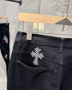 Chrome Hearts Limited Flame Pink Cross Patchwork Denim Jeans KH34