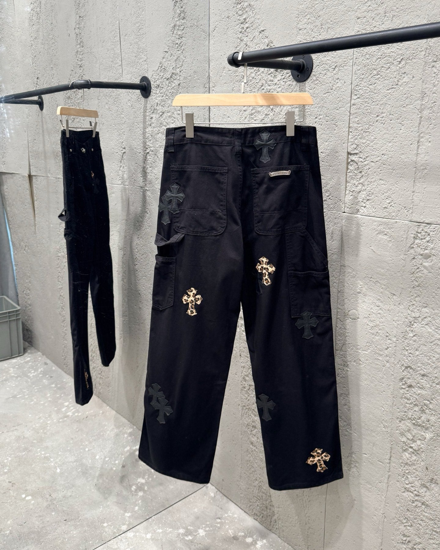 Chrome Hearts Leopard Print Patchwork Black Leather Denim Jeans