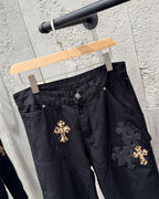 Chrome Hearts Leopard Print Patchwork Black Leather Denim Jeans KB29