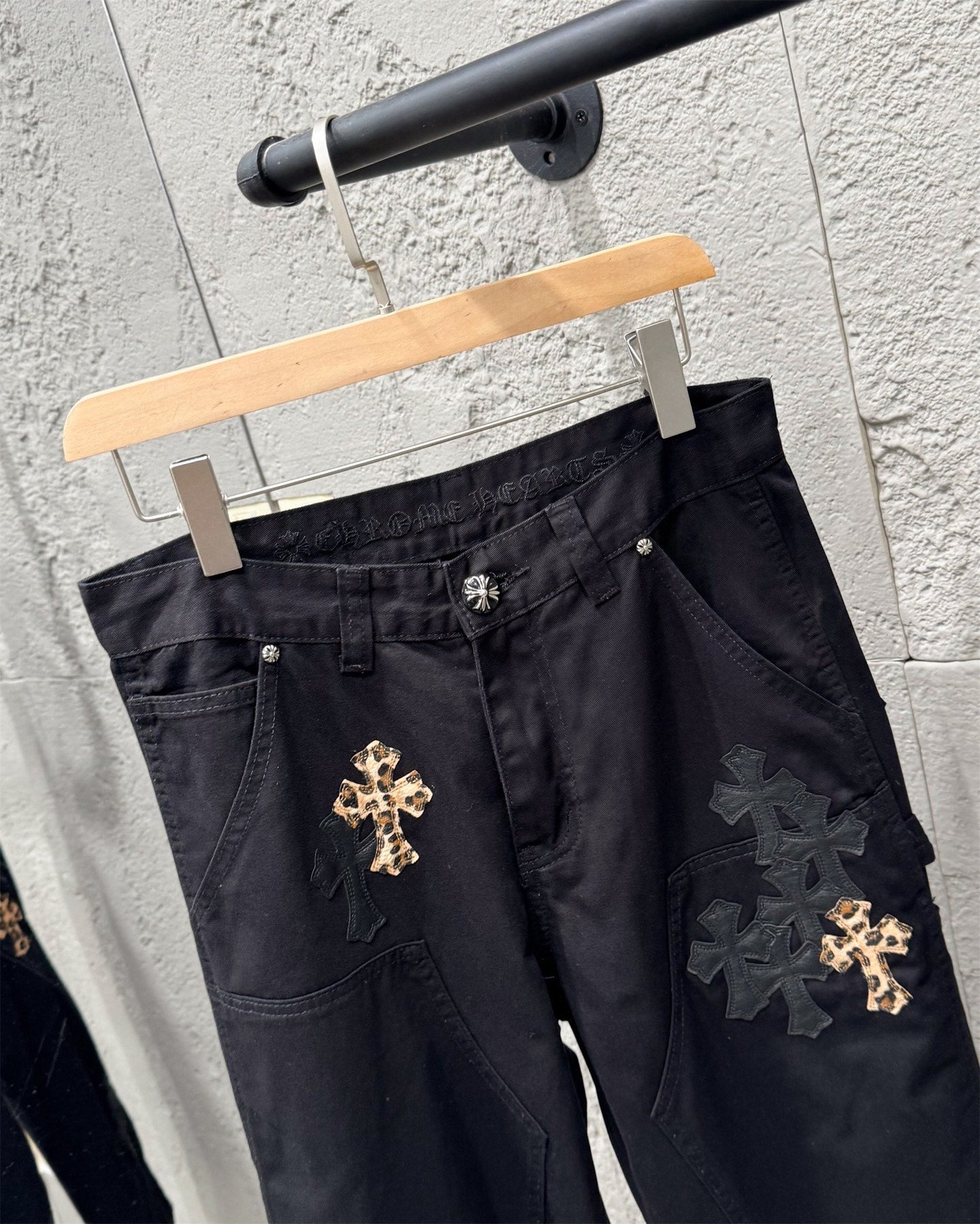 Chrome Hearts Leopard Print Patchwork Black Leather Denim Jeans