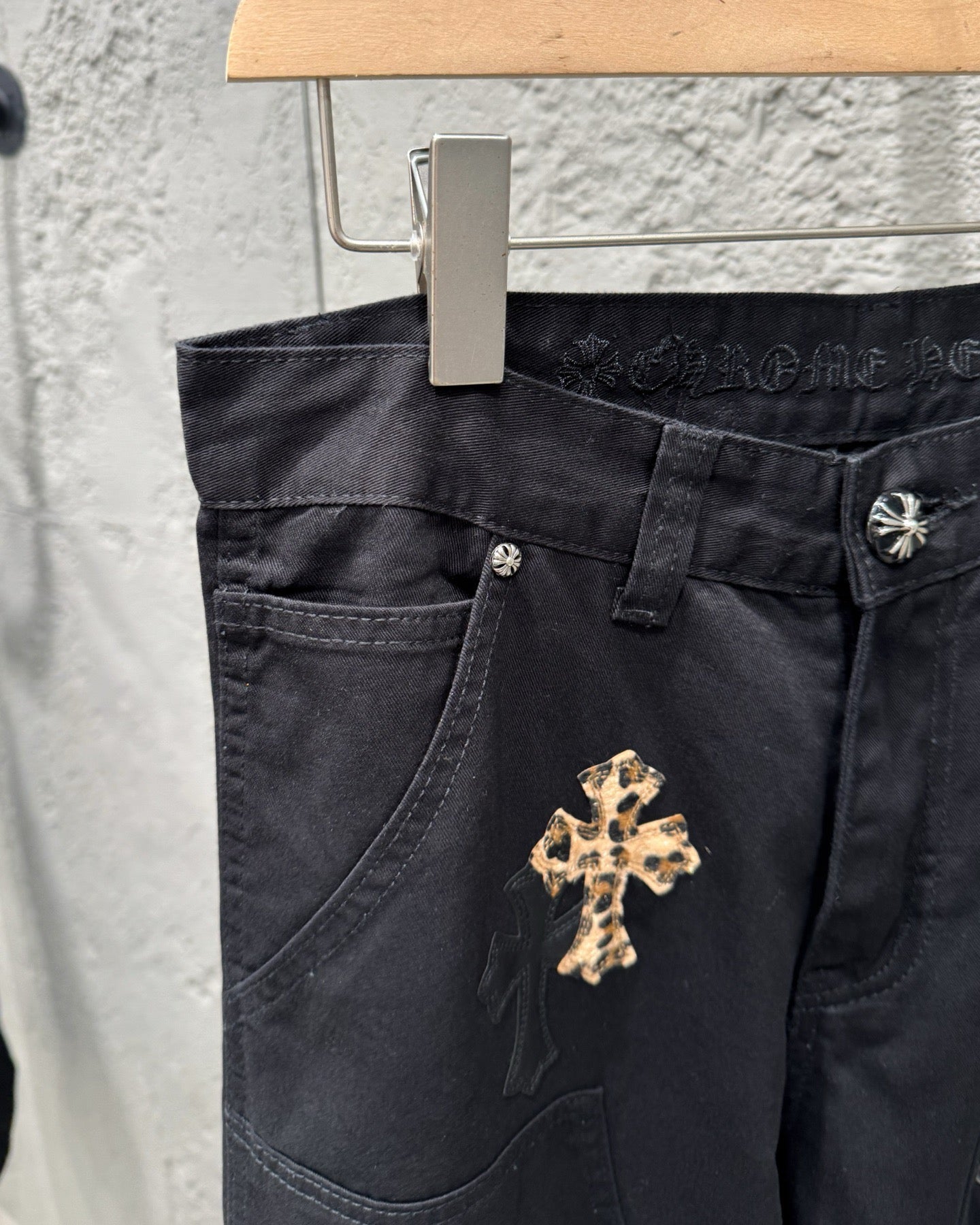 Chrome Hearts Leopard Print Patchwork Black Leather Denim Jeans