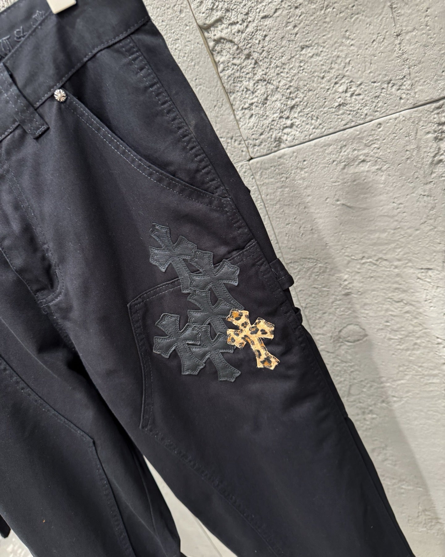 Chrome Hearts Leopard Print Patchwork Black Leather Denim Jeans