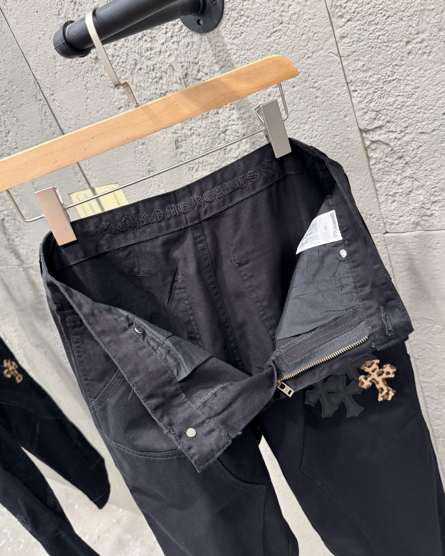 Chrome Hearts Leopard Print Patchwork Black Leather Denim Jeans