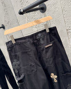 Chrome Hearts Leopard Print Patchwork Black Leather Denim Jeans KB29