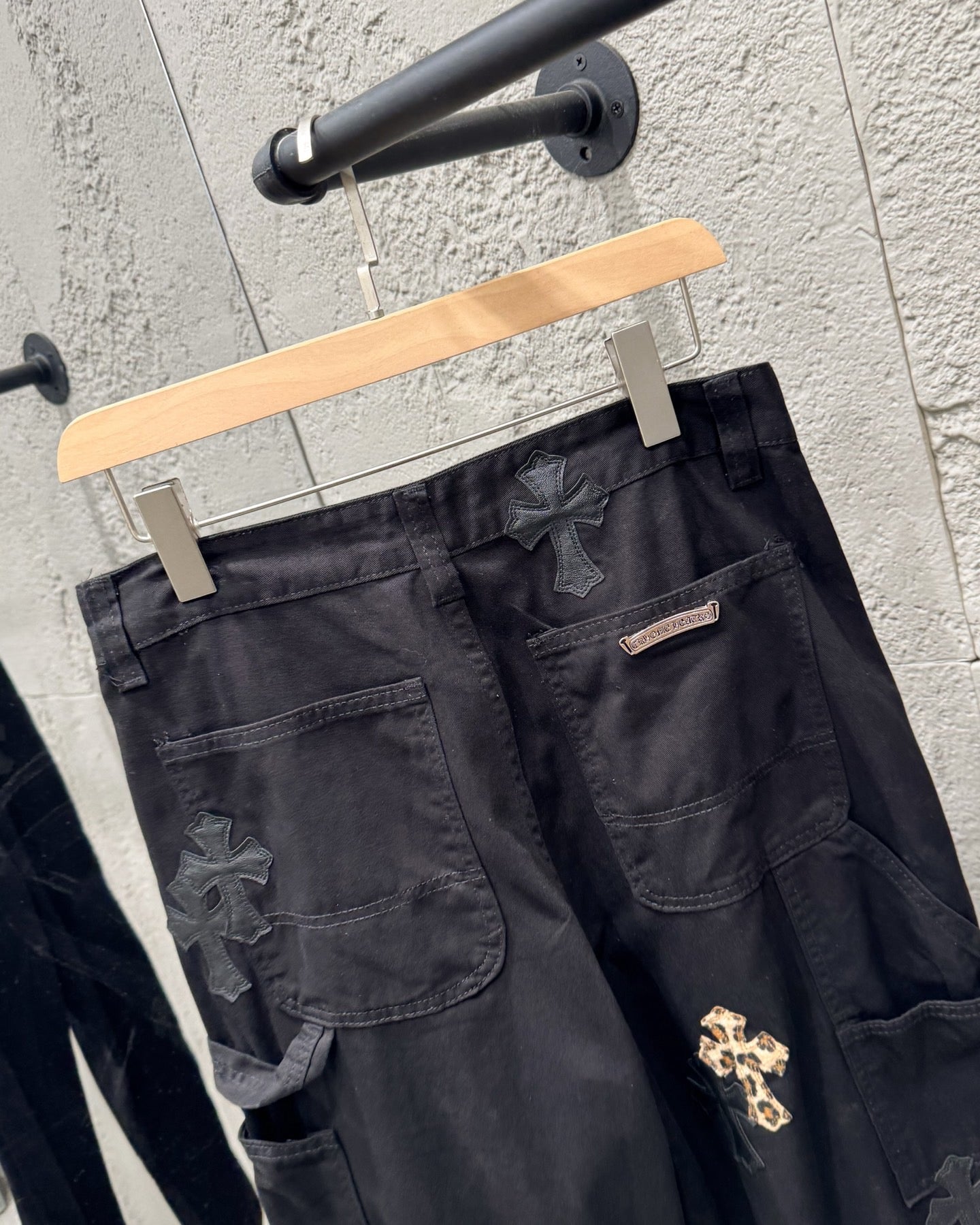 Chrome Hearts Leopard Print Patchwork Black Leather Denim Jeans