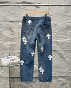 Chrome Hearts White Leather Patchwork Denim Jeans KB26