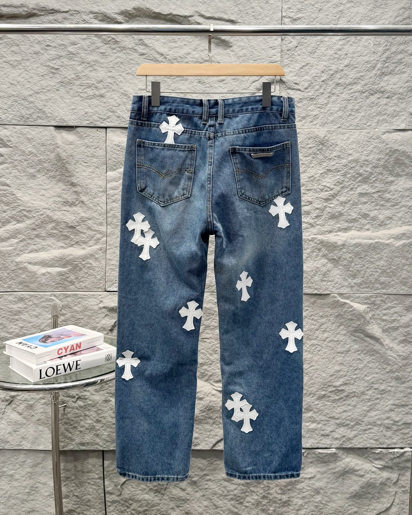 Chrome Hearts White Leather Patchwork Denim Jeans
