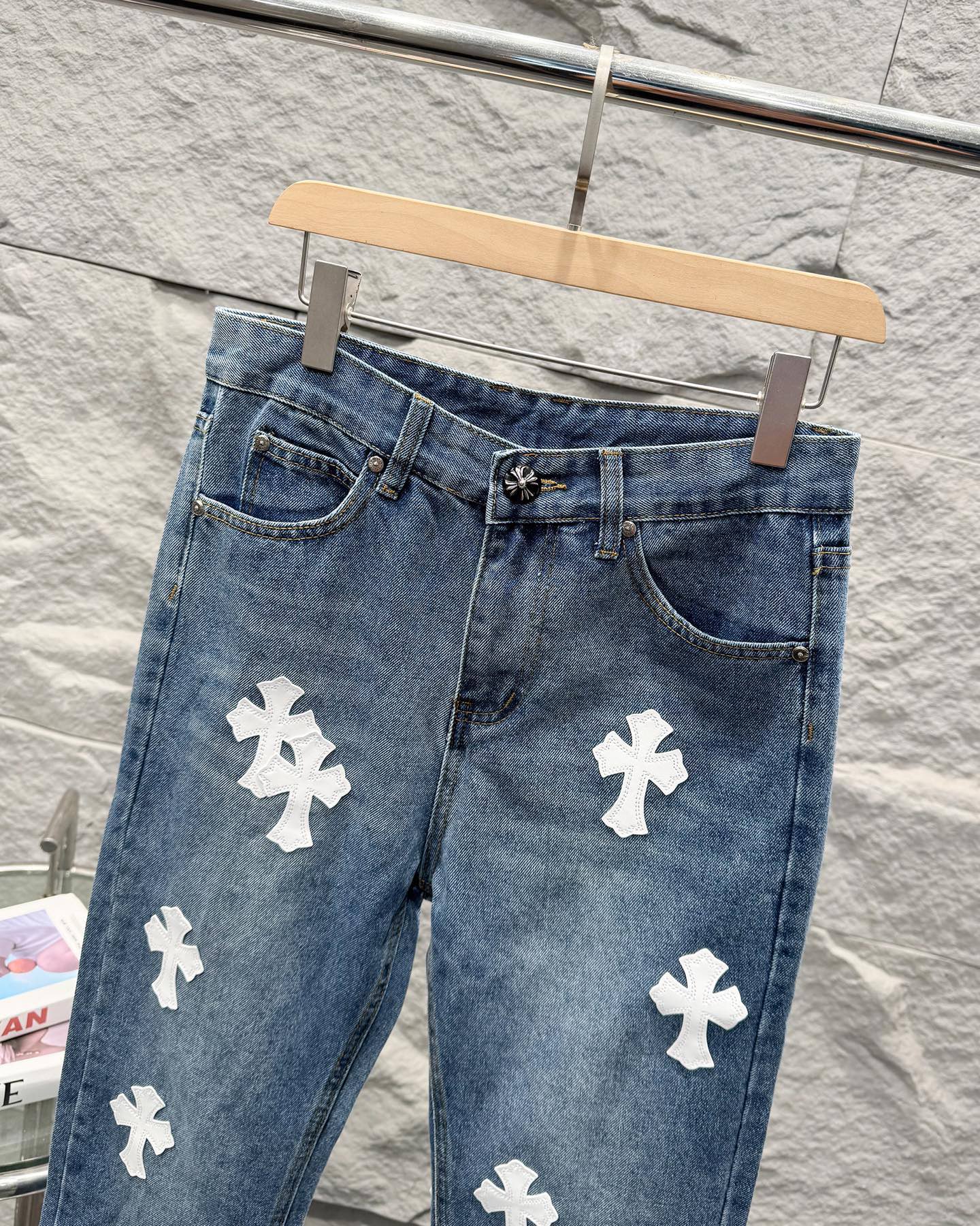 Chrome Hearts White Leather Patchwork Denim Jeans