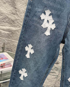 Chrome Hearts White Leather Patchwork Denim Jeans KB26
