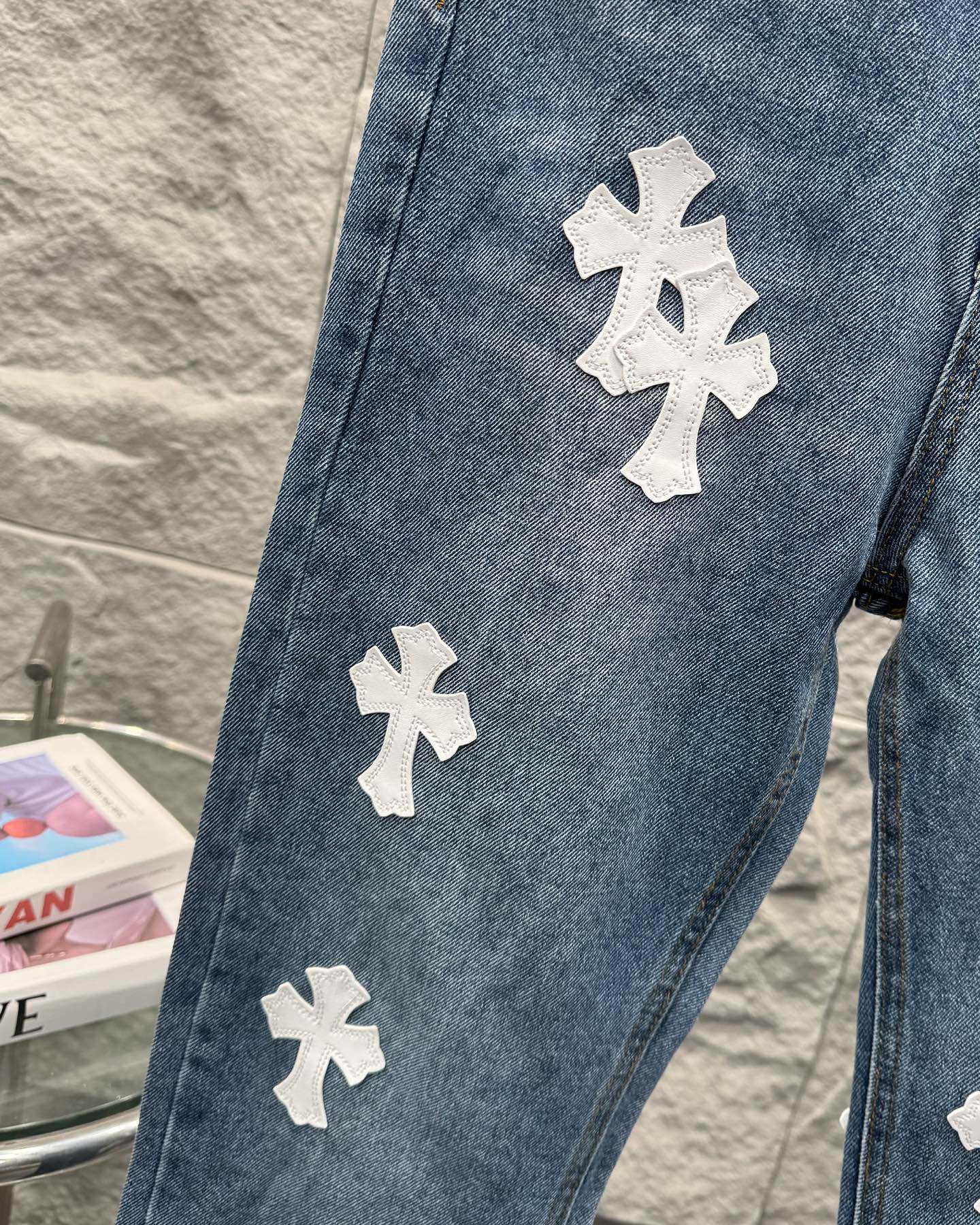 Chrome Hearts White Leather Patchwork Denim Jeans