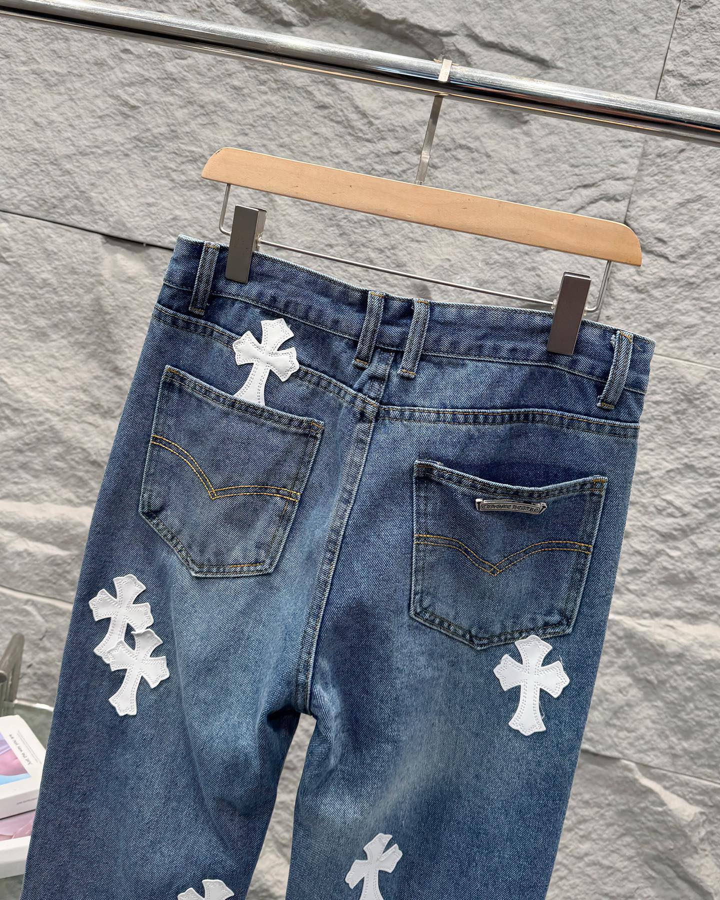 Chrome Hearts White Leather Patchwork Denim Jeans