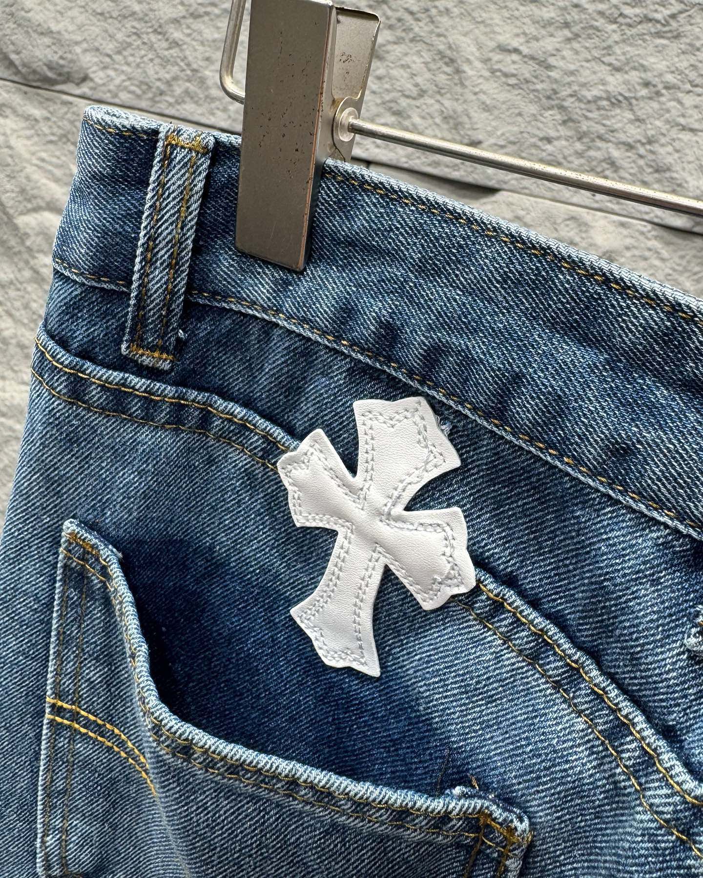 Chrome Hearts White Leather Patchwork Denim Jeans