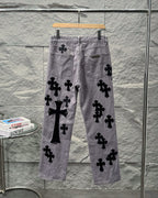 Chrome Hearts Paris Limited Edition Grey Heavy Leather Patch Denim Jeans KH25