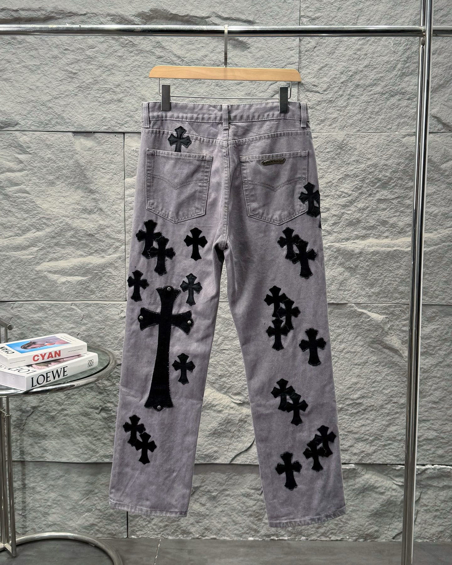 Chrome Hearts Paris Limited Edition Grey Heavy Leather Patch Denim Jeans