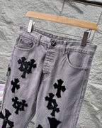 Chrome Hearts Paris Limited Edition Grey Heavy Leather Patch Denim Jeans KH25