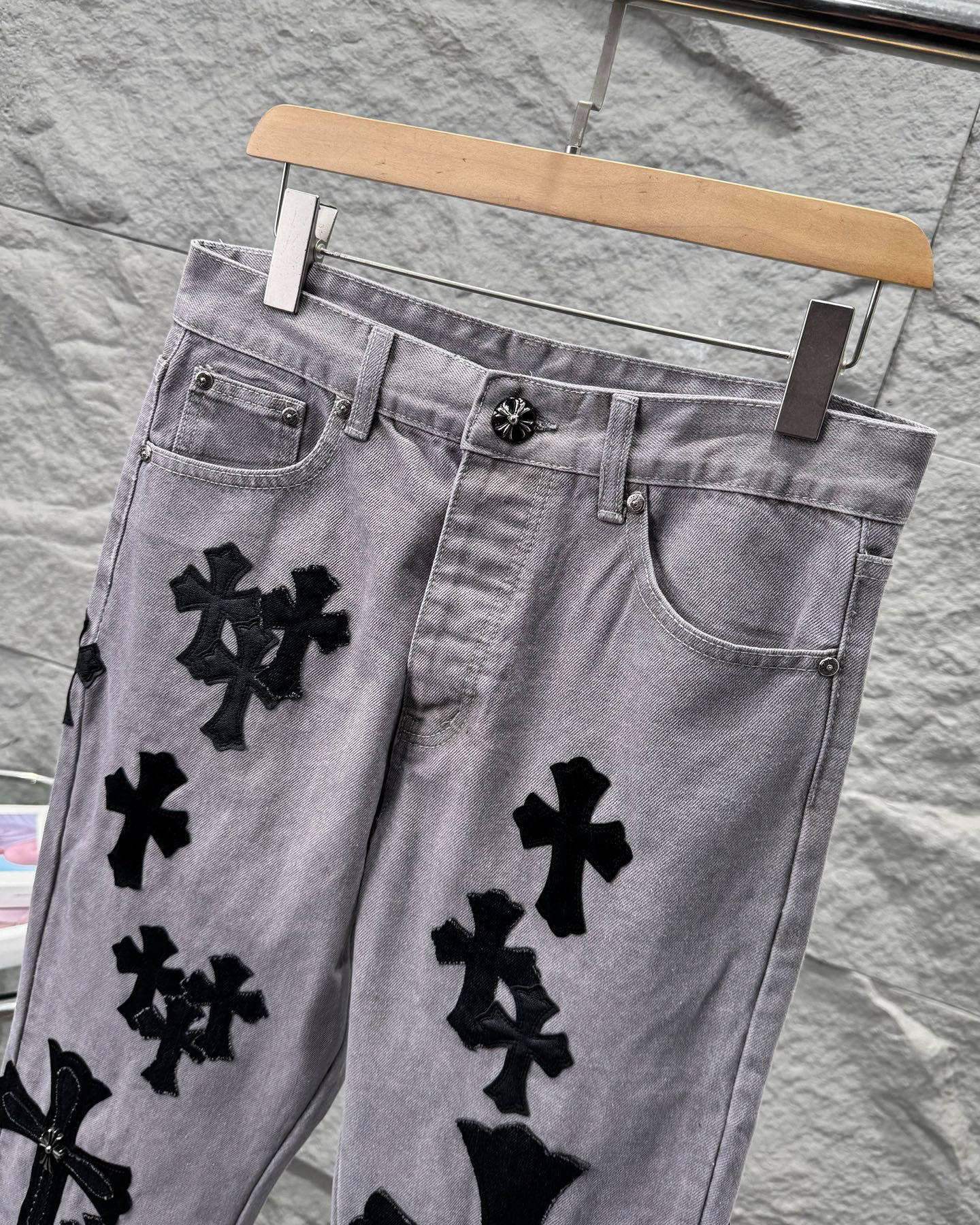 Chrome Hearts Paris Limited Edition Grey Heavy Leather Patch Denim Jeans