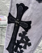 Chrome Hearts Paris Limited Edition Grey Heavy Leather Patch Denim Jeans KH25