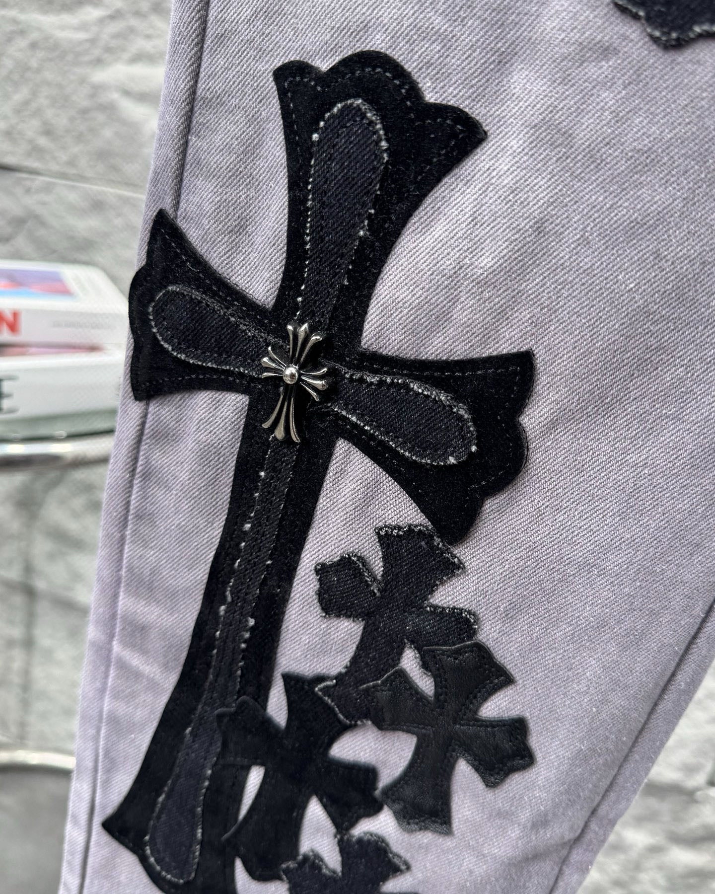 Chrome Hearts Paris Limited Edition Grey Heavy Leather Patch Denim Jeans