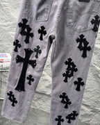 Chrome Hearts Paris Limited Edition Grey Heavy Leather Patch Denim Jeans KH25