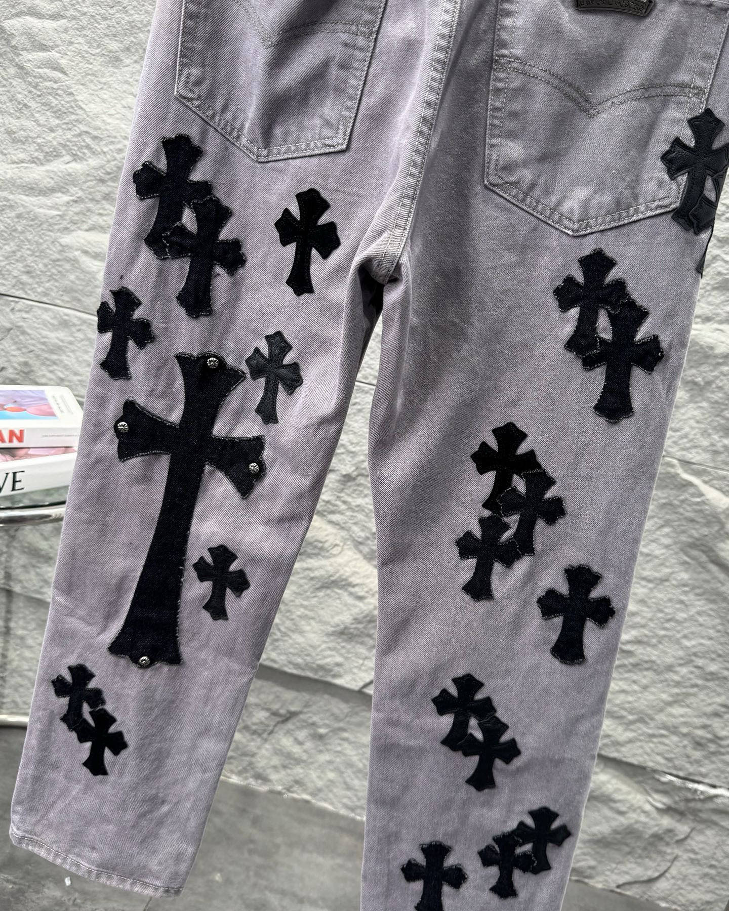 Chrome Hearts Paris Limited Edition Grey Heavy Leather Patch Denim Jeans