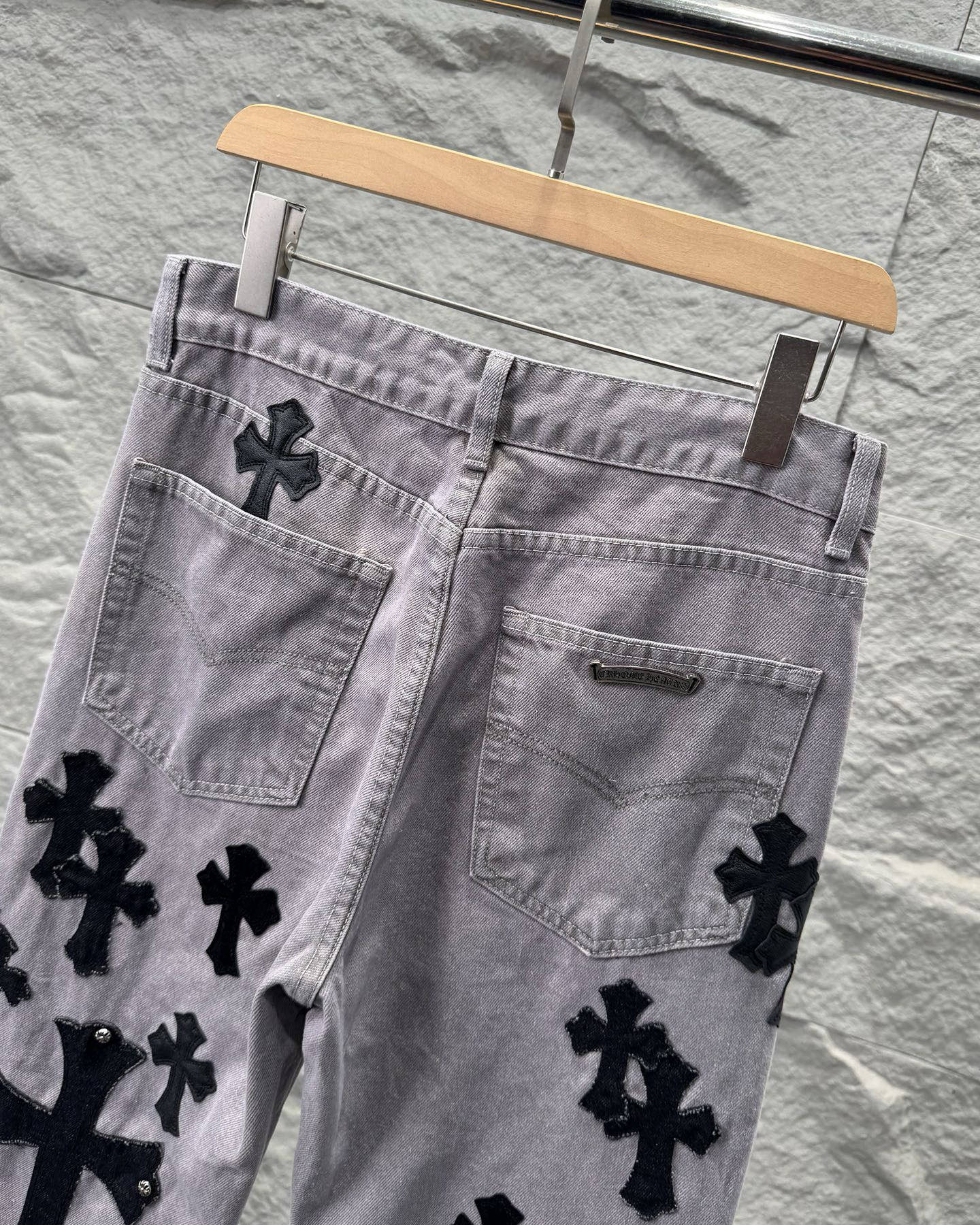 Chrome Hearts Paris Limited Edition Grey Heavy Leather Patch Denim Jeans