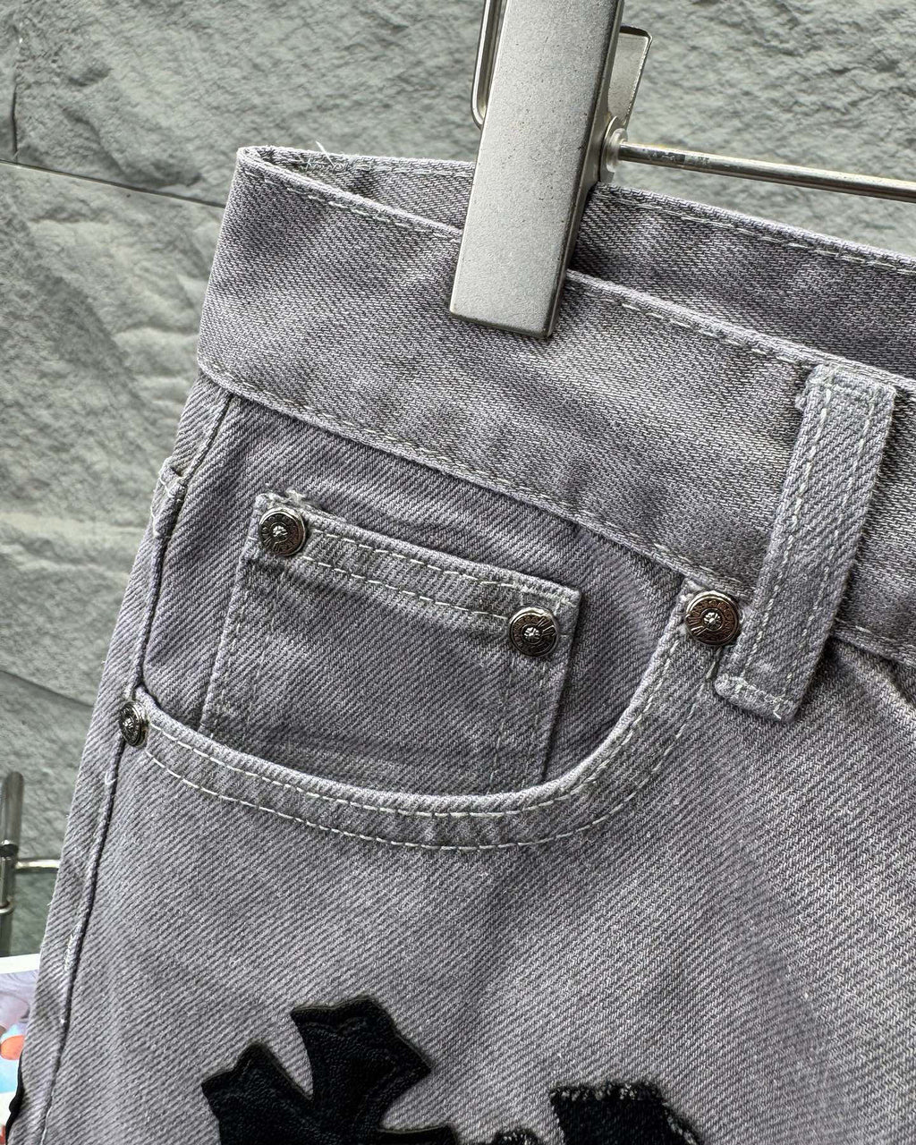 Chrome Hearts Paris Limited Edition Grey Heavy Leather Patch Denim Jeans KH25