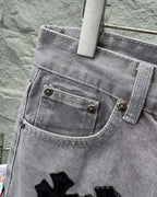 Chrome Hearts Paris Limited Edition Grey Heavy Leather Patch Denim Jeans KH25