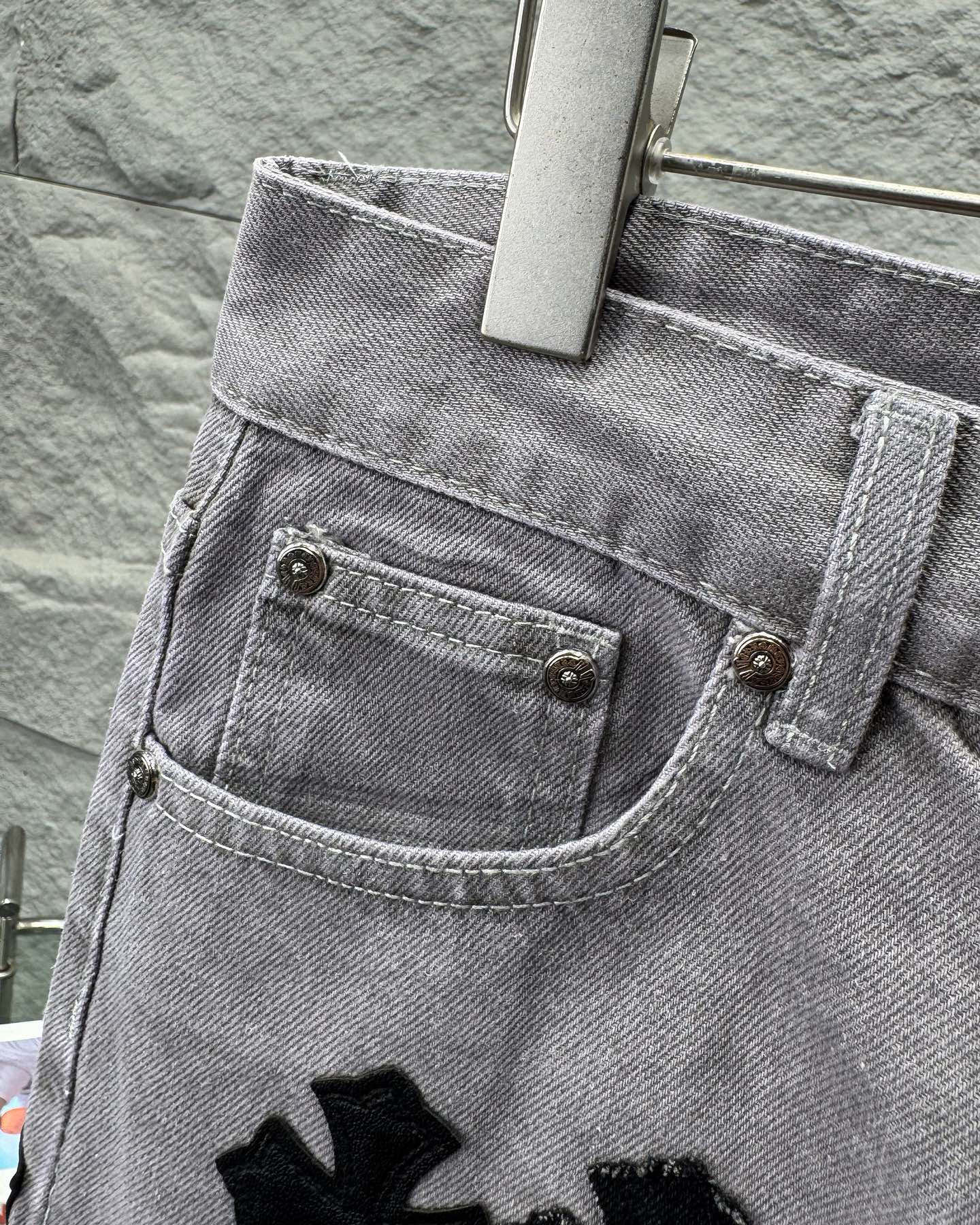Chrome Hearts Paris Limited Edition Grey Heavy Leather Patch Denim Jeans