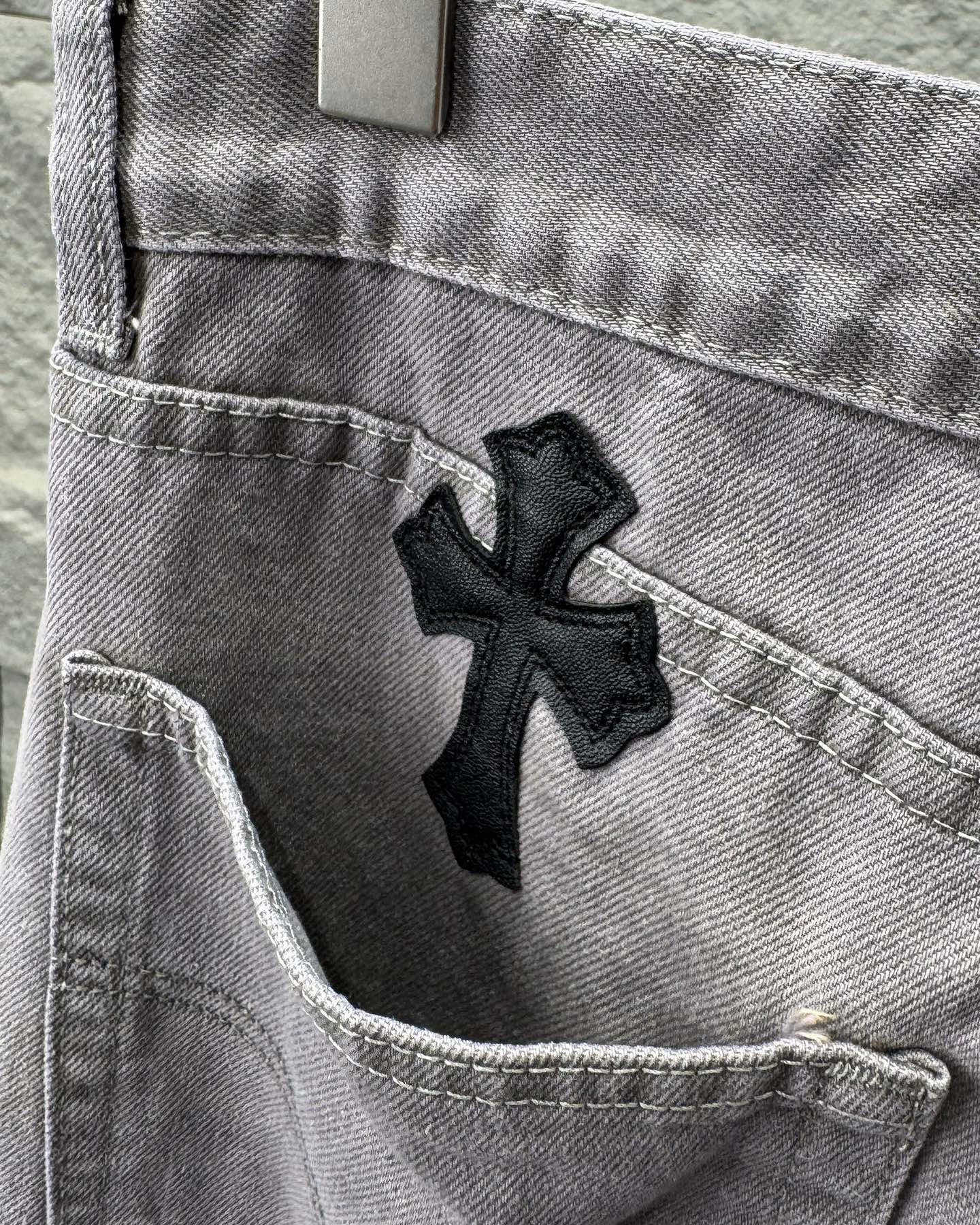Chrome Hearts Paris Limited Edition Grey Heavy Leather Patch Denim Jeans