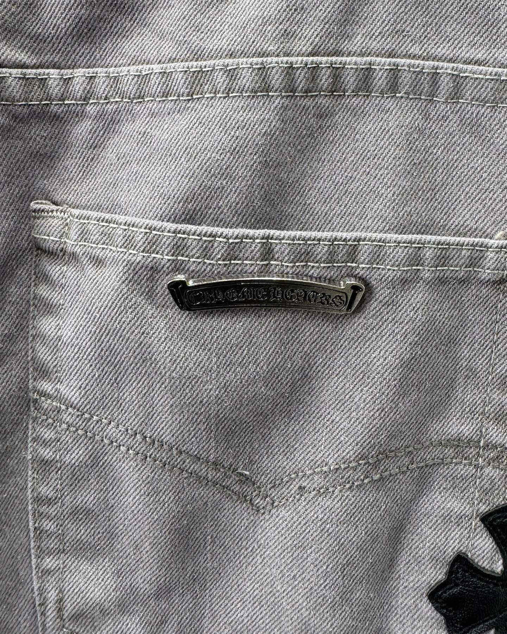 Chrome Hearts Paris Limited Edition Grey Heavy Leather Patch Denim Jeans KH25
