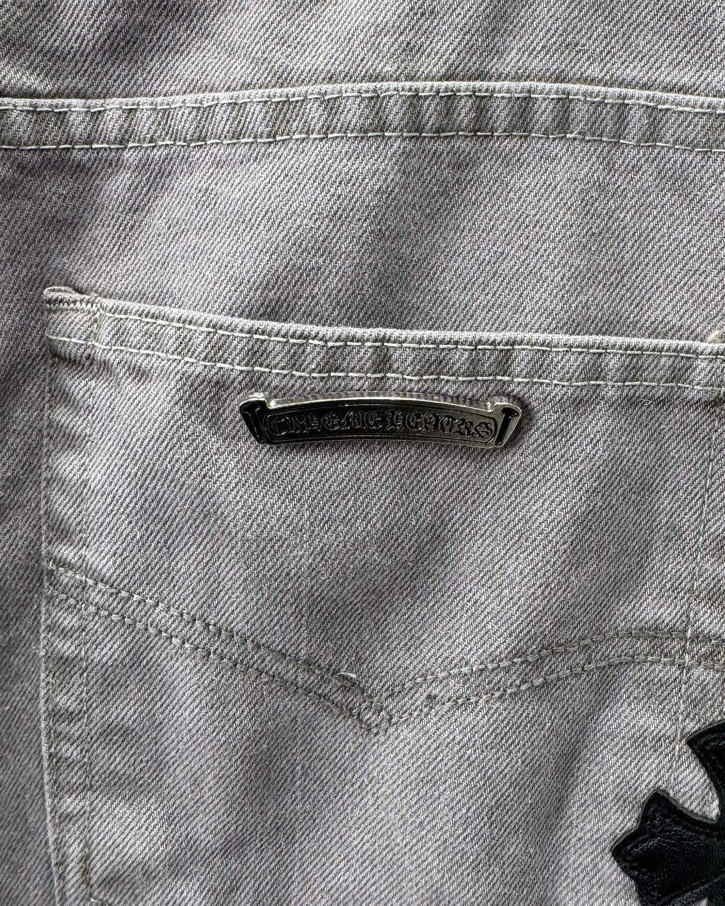 Chrome Hearts Paris Limited Edition Grey Heavy Leather Patch Denim Jeans