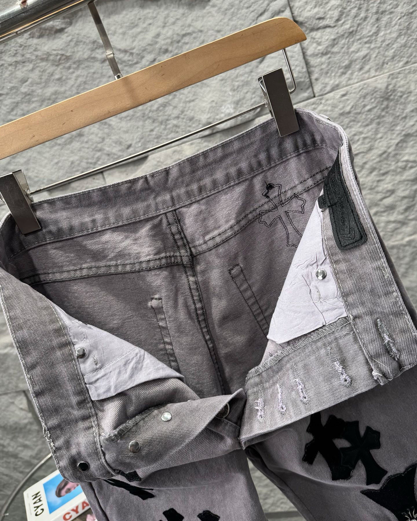 Chrome Hearts Paris Limited Edition Grey Heavy Leather Patch Denim Jeans
