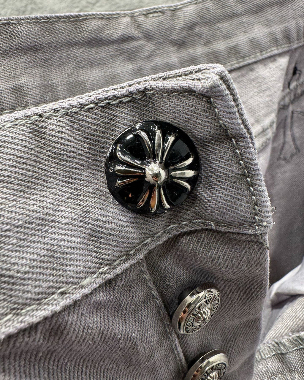 Chrome Hearts Paris Limited Edition Grey Heavy Leather Patch Denim Jeans KH25