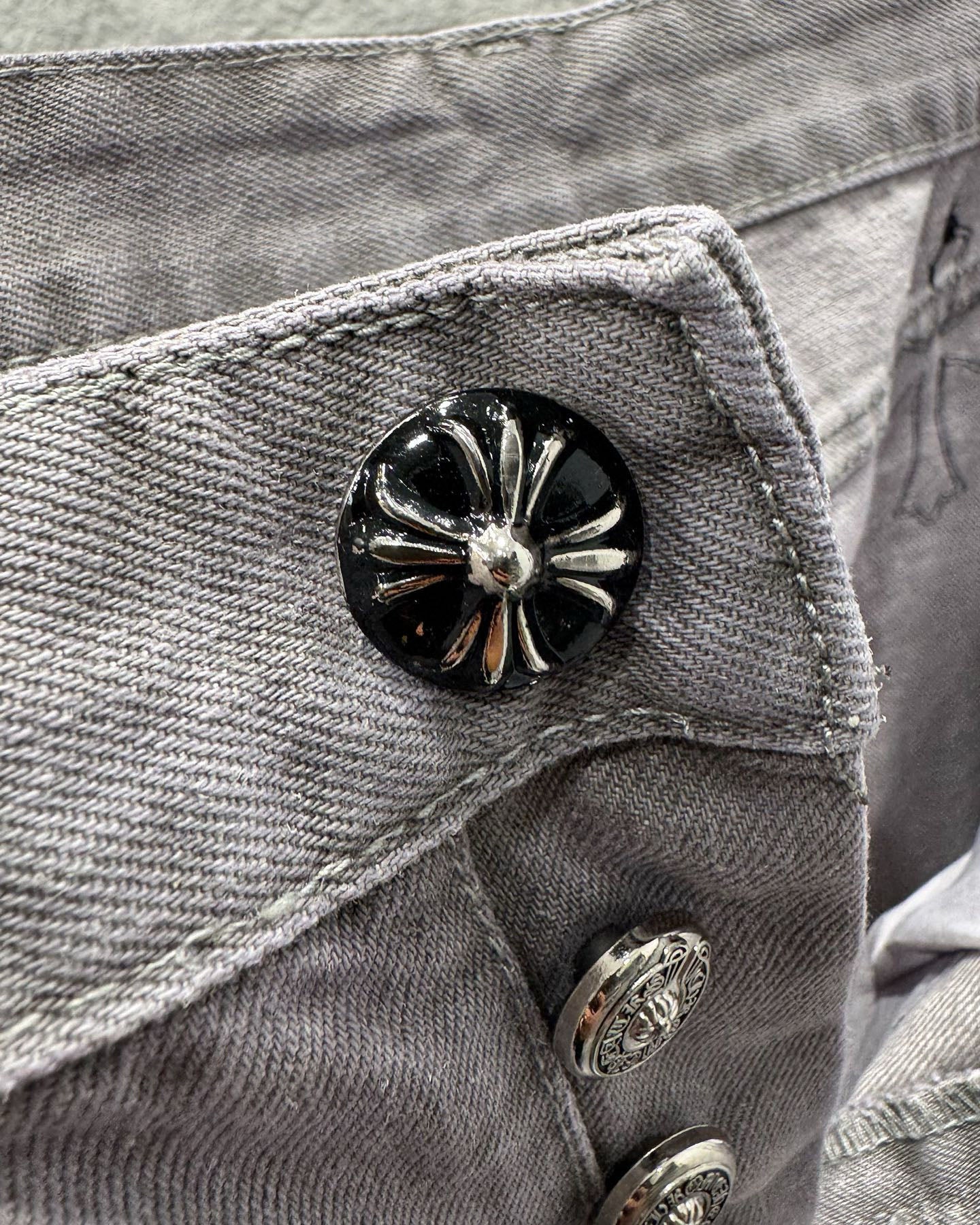 Chrome Hearts Paris Limited Edition Grey Heavy Leather Patch Denim Jeans