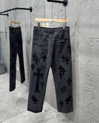 Chrome Hearts Black Metal Leather Patch Cross Denim Jeans KH24