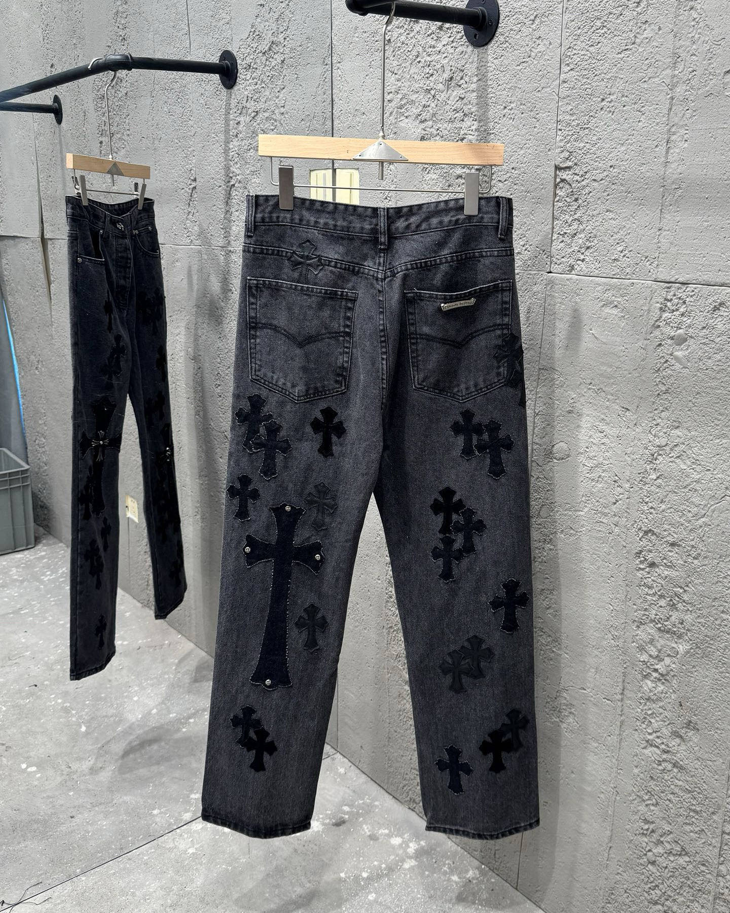 Chrome Hearts Black Metal Leather Patch Cross Denim Jeans